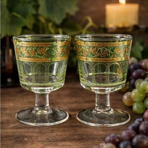 Vintage Cera Glass Golden Grapes Green Roemer Wine Glasses Set of 2